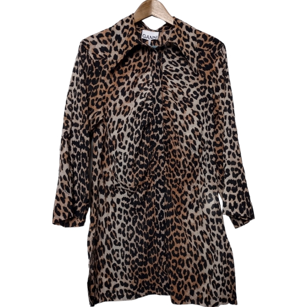 GANNI Gathered Leopard-Print Organic Cotton Shirt